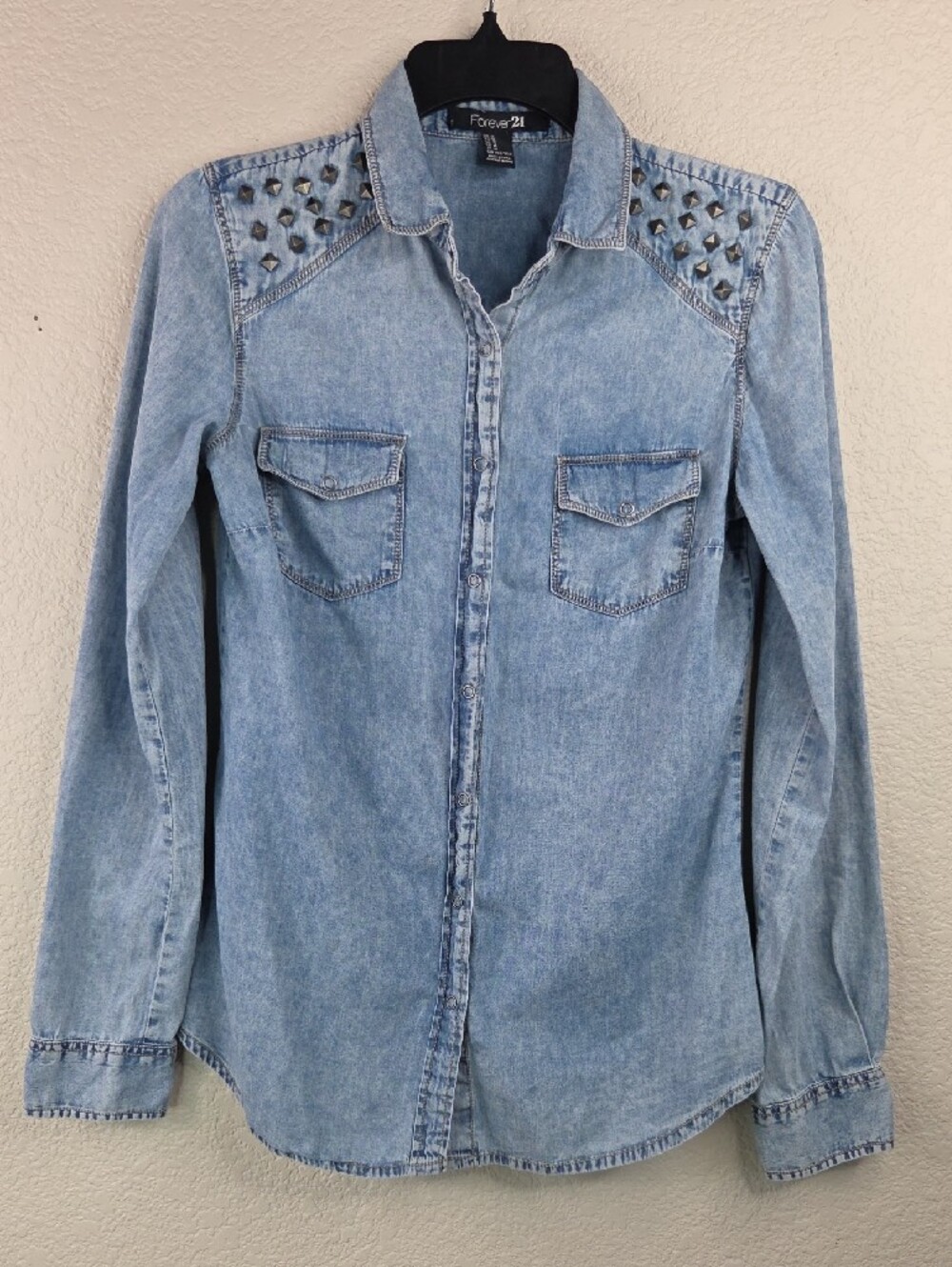 Forever 21 Light Wash Denim Snap Button Shirt with Studded Shoulders